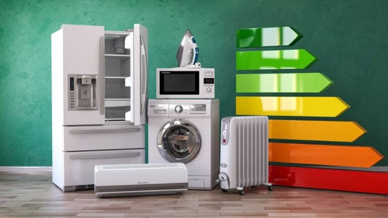 Conjunto de electrodomésticos de hogar junto a un gráfico de eficiencia energética, en un servicio de Rapid Services Enterprise en Málaga
